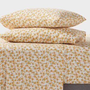 Room Essentials Easy Care Cotton Sateen Yellow Floral Queen Size 4 Pc Sheet Set